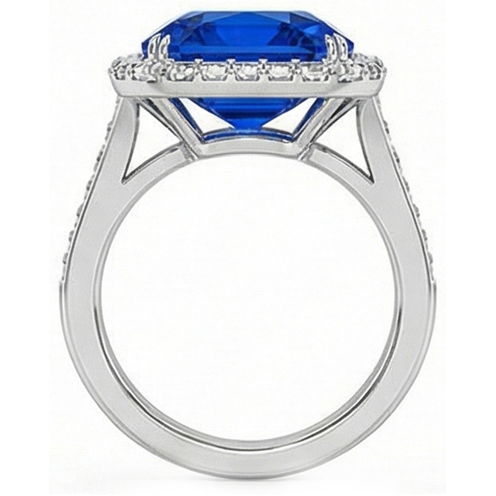 Halo Ceylon Sapphire Radiant Shaped Ring 5 Carats Baguette Natural Earth Mined Diamond ( Not Lab Grown )s