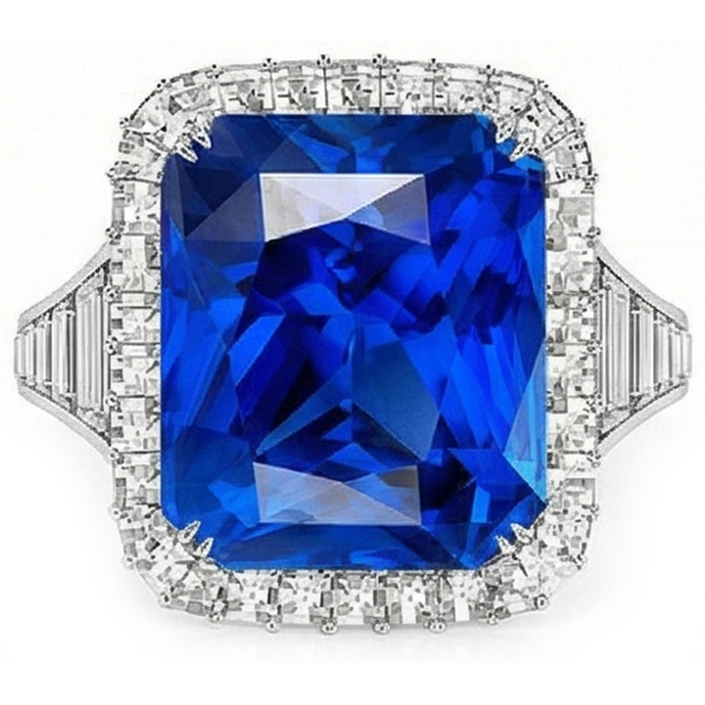 Halo Ceylon Sapphire Radiant Shaped Ring 5 Carats Baguette Natural Earth Mined Diamond ( Not Lab Grown )s