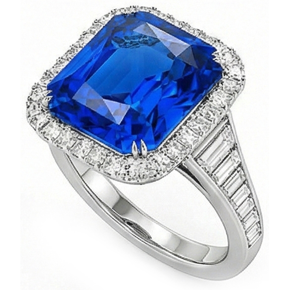 Halo Ceylon Sapphire Radiant Shaped Ring 5 Carats Baguette Natural Earth Mined Diamond ( Not Lab Grown )s
