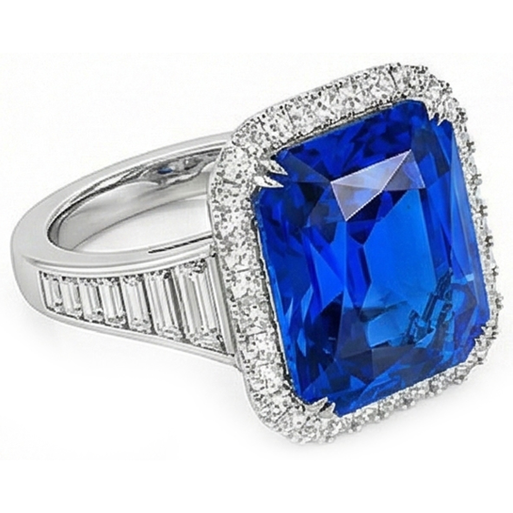Halo Ceylon Sapphire Radiant Shaped Ring 5 Carats Baguette Natural Earth Mined Diamond ( Not Lab Grown )s