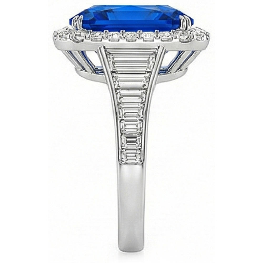 Halo Ceylon Sapphire Radiant Shaped Ring 5 Carats Baguette Natural Earth Mined Diamond ( Not Lab Grown )s