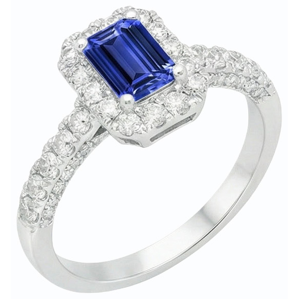 Halo Ceylon Sapphire Ring Emerald Cut & Natural Earth Mined Diamond ( Not Lab Grown )s 3.50 Carats