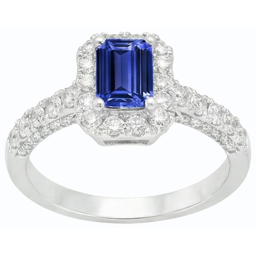 Halo Ceylon Sapphire Ring Emerald Cut & Natural Earth Mined Diamond ( Not Lab Grown )s 3.50 Carats