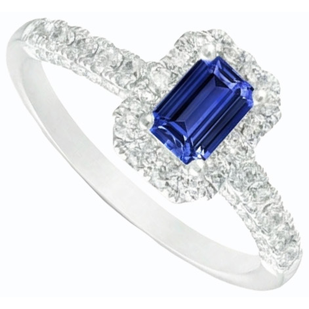 Halo Ceylon Sapphire Ring Emerald Cut & Natural Earth Mined Diamond ( Not Lab Grown )s 3.50 Carats
