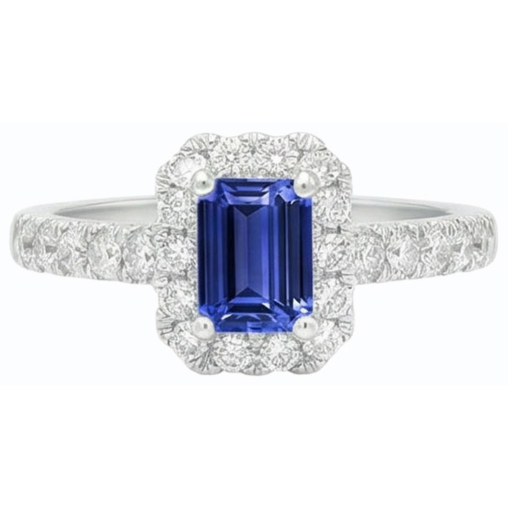 Halo Ceylon Sapphire Ring Emerald Cut & Natural Earth Mined Diamond ( Not Lab Grown )s 3.50 Carats