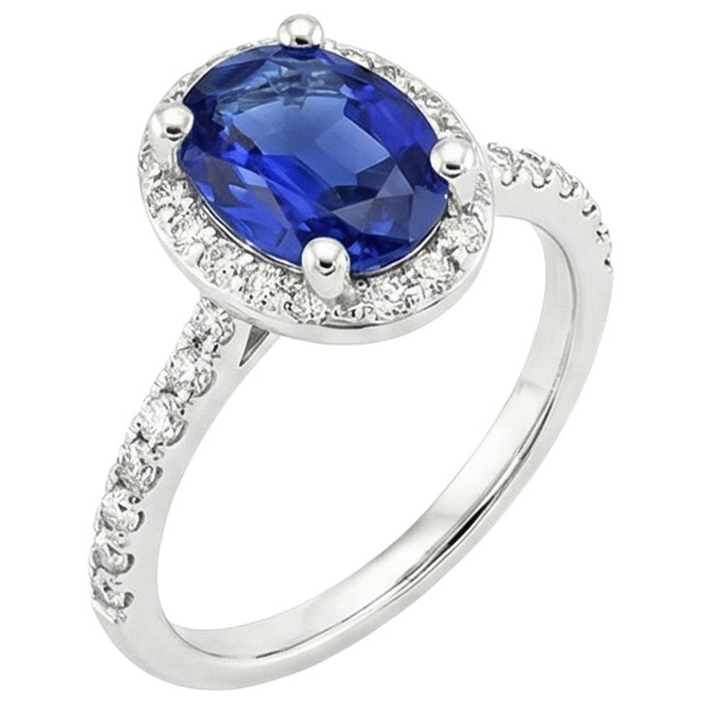 Halo Ceylon Sapphire Ring Oval Cut & Round Natural Earth Mined Diamond ( Not Lab Grown )s 3.25 Carats