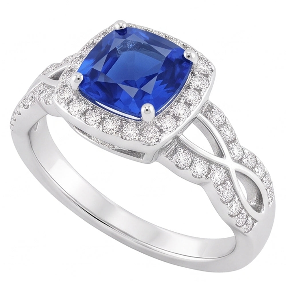 Halo Cushion Ceylon Sapphire Ring 4 Carats Infinity Style Natural Earth Mined Diamond ( Not Lab Grown )s