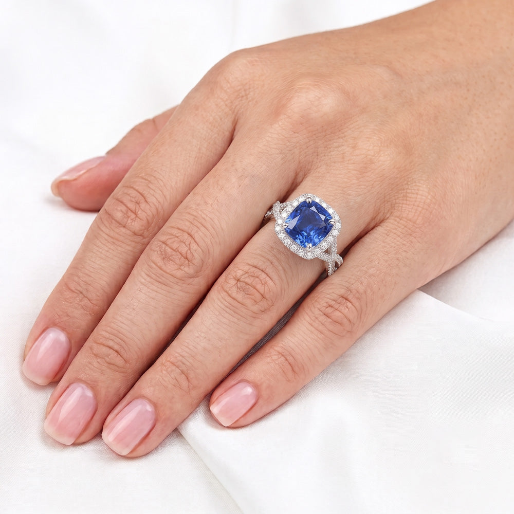 Halo Cushion Ceylon Sapphire Ring 4 Carats Infinity Style Natural Earth Mined Diamond ( Not Lab Grown )s