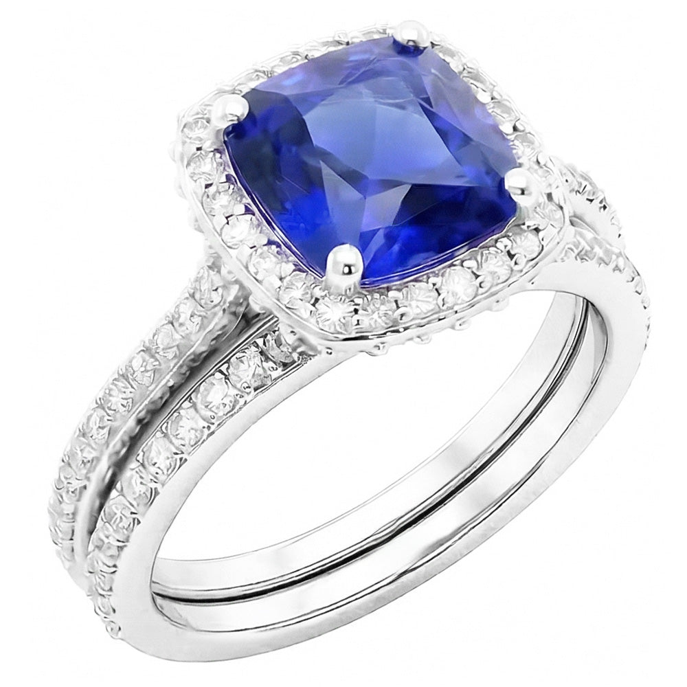 Halo Cushion Sapphire Natural Earth Mined Diamond ( Not Lab Grown ) Engagement Ring Set 4.50 Carats