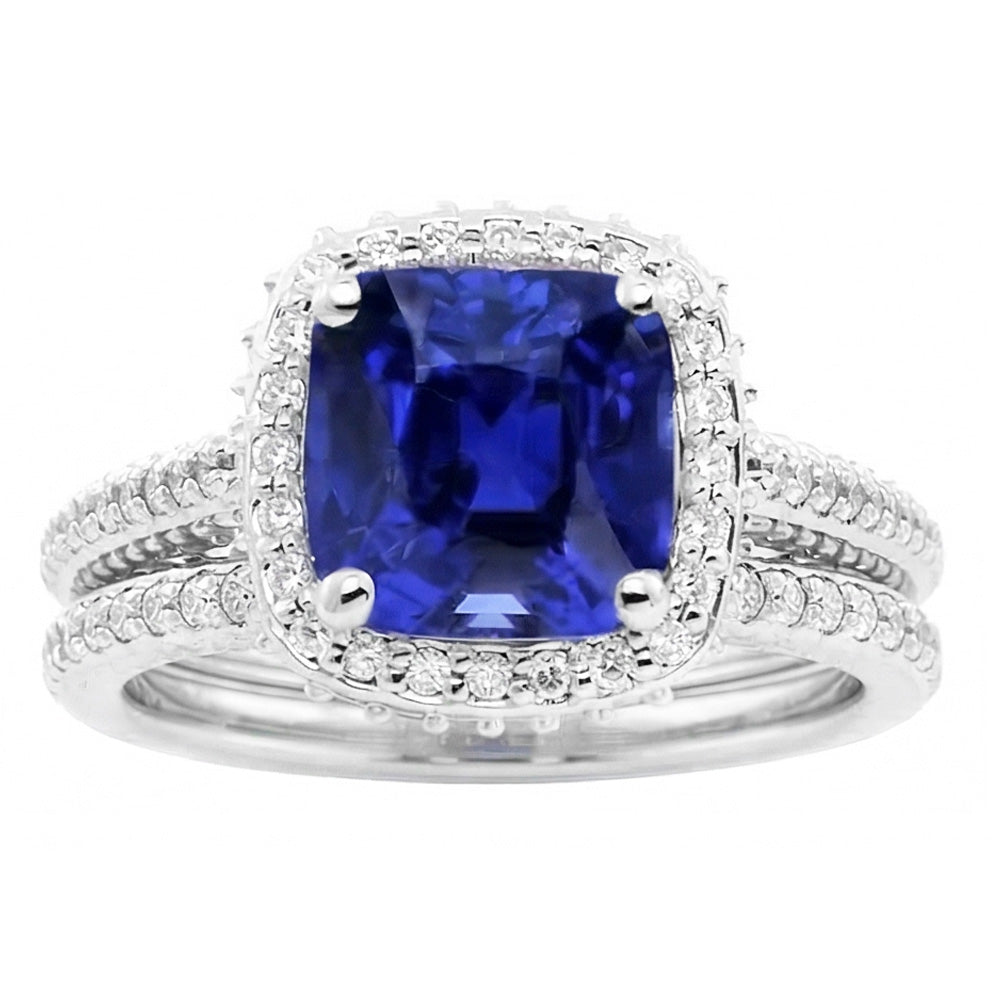 Halo Cushion Sapphire Natural Earth Mined Diamond ( Not Lab Grown ) Engagement Ring Set 4.50 Carats