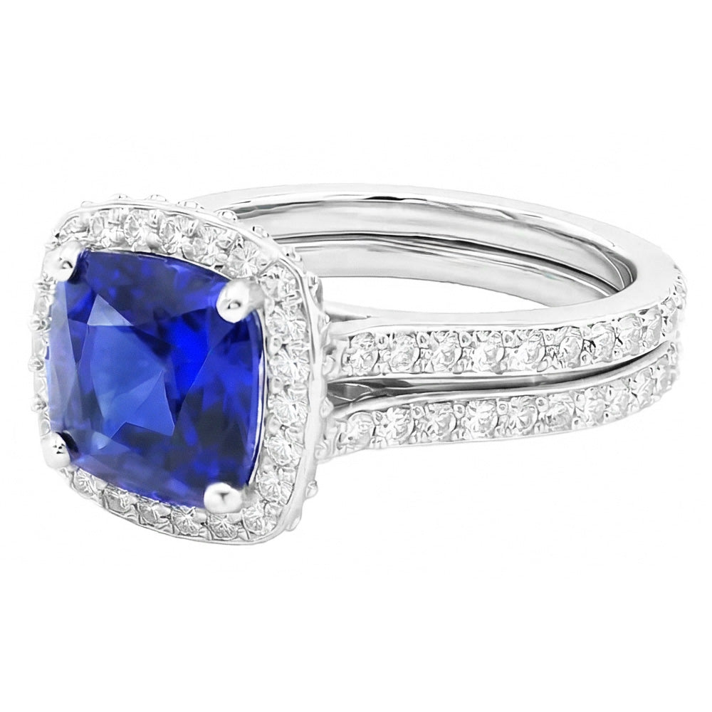 Halo Cushion Sapphire Natural Earth Mined Diamond ( Not Lab Grown ) Engagement Ring Set 4.50 Carats