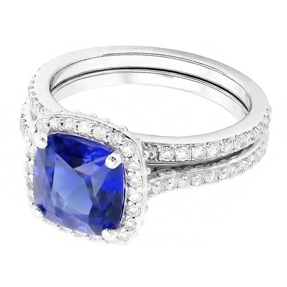 Halo Cushion Sapphire Natural Earth Mined Diamond ( Not Lab Grown ) Engagement Ring Set 4.50 Carats