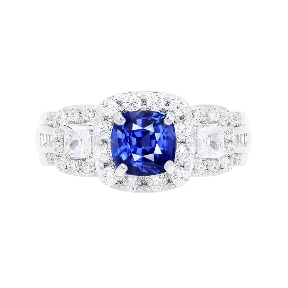 Halo Cushion Sapphire Natural Earth Mined Diamond ( Not Lab Grown ) Ring White Gold Jewelry 3.50 Carats