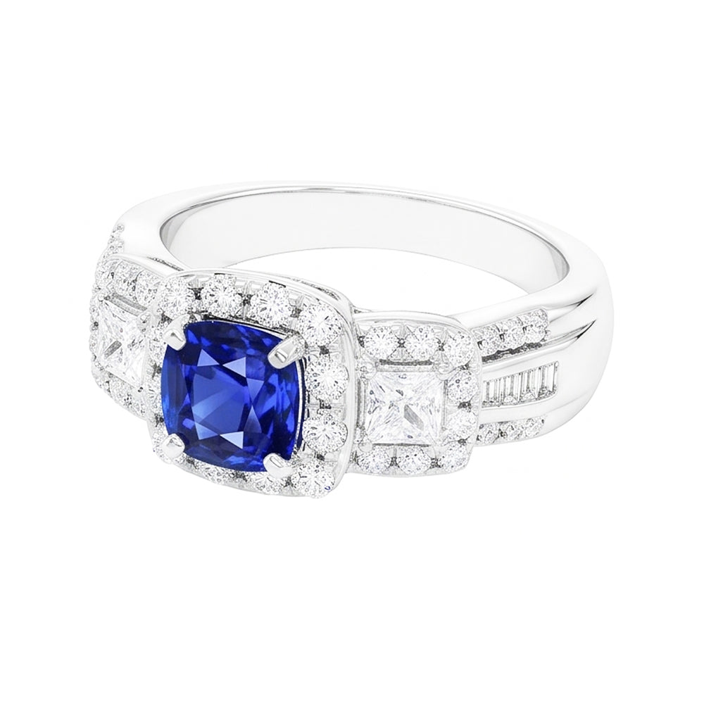 Halo Cushion Sapphire Natural Earth Mined Diamond ( Not Lab Grown ) Ring White Gold Jewelry 3.50 Carats