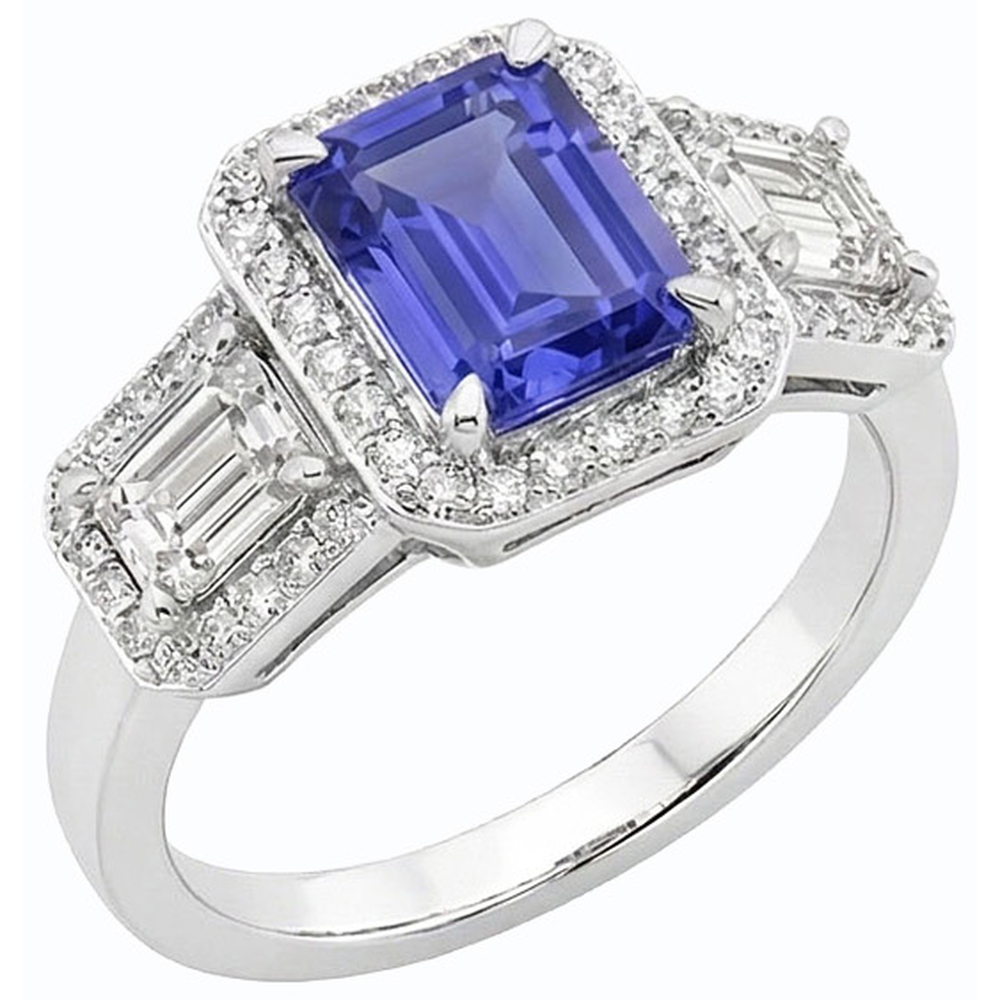 Halo Emerald Blue Sapphire Natural Earth Mined Diamond ( Not Lab Grown ) Ring 3 Stone Style Jewelry 3 Carats