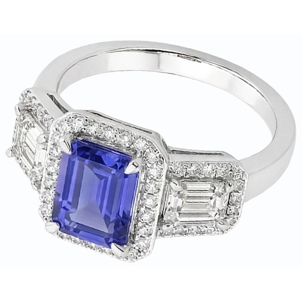 Halo Emerald Blue Sapphire Natural Earth Mined Diamond ( Not Lab Grown ) Ring 3 Stone Style Jewelry 3 Carats