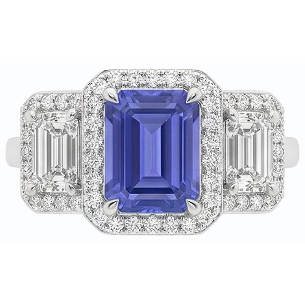 Halo Emerald Blue Sapphire Natural Earth Mined Diamond ( Not Lab Grown ) Ring 3 Stone Style Jewelry 3 Carats