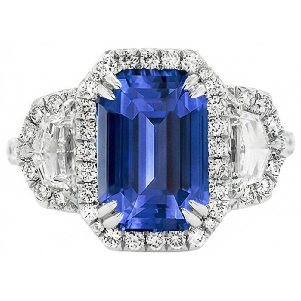 Halo Emerald Ceylon Sapphire Anniversary Natural Earth Mined Diamond Ring 5 Carats