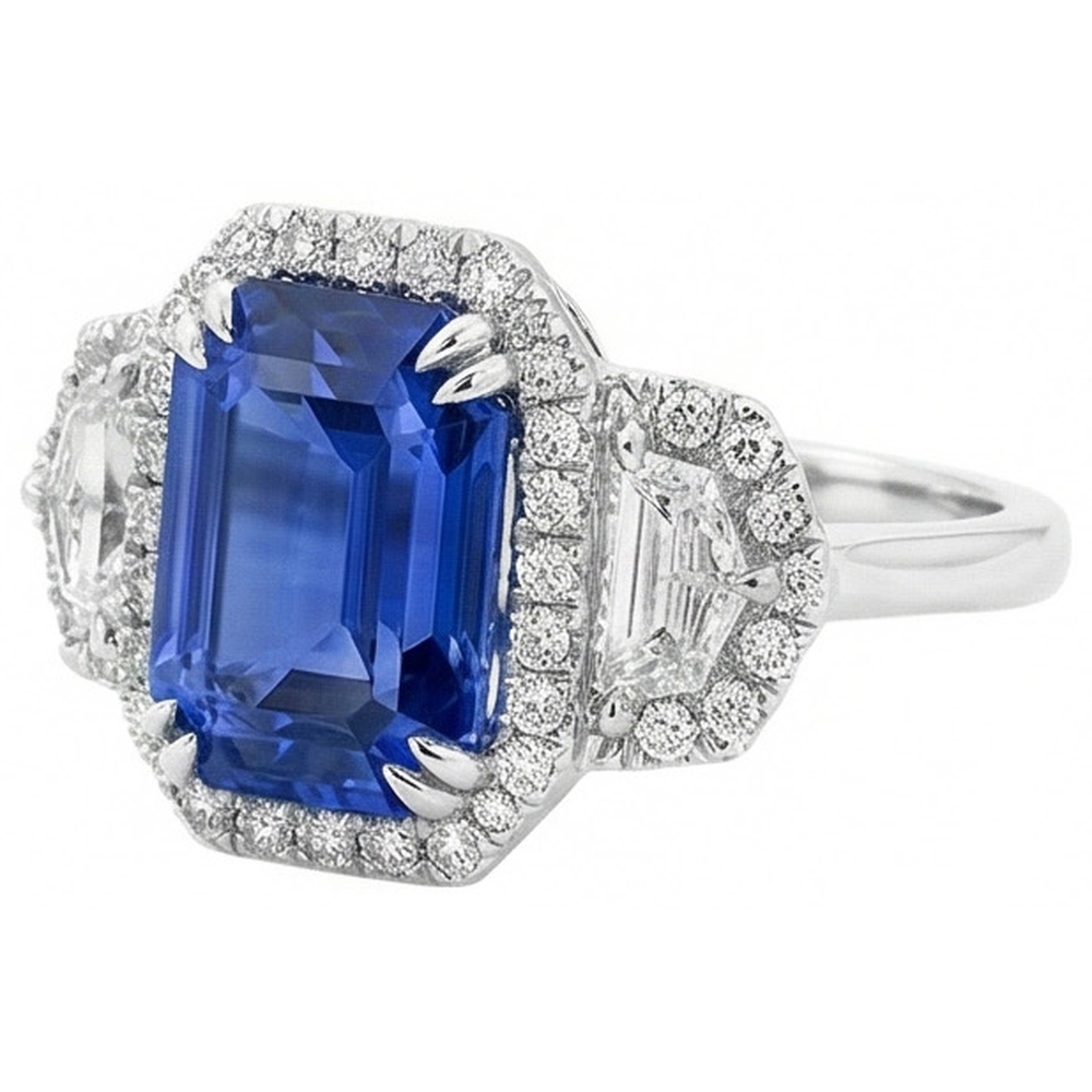 Halo Emerald Ceylon Sapphire Anniversary Natural Earth Mined Diamond Ring 5 Carats