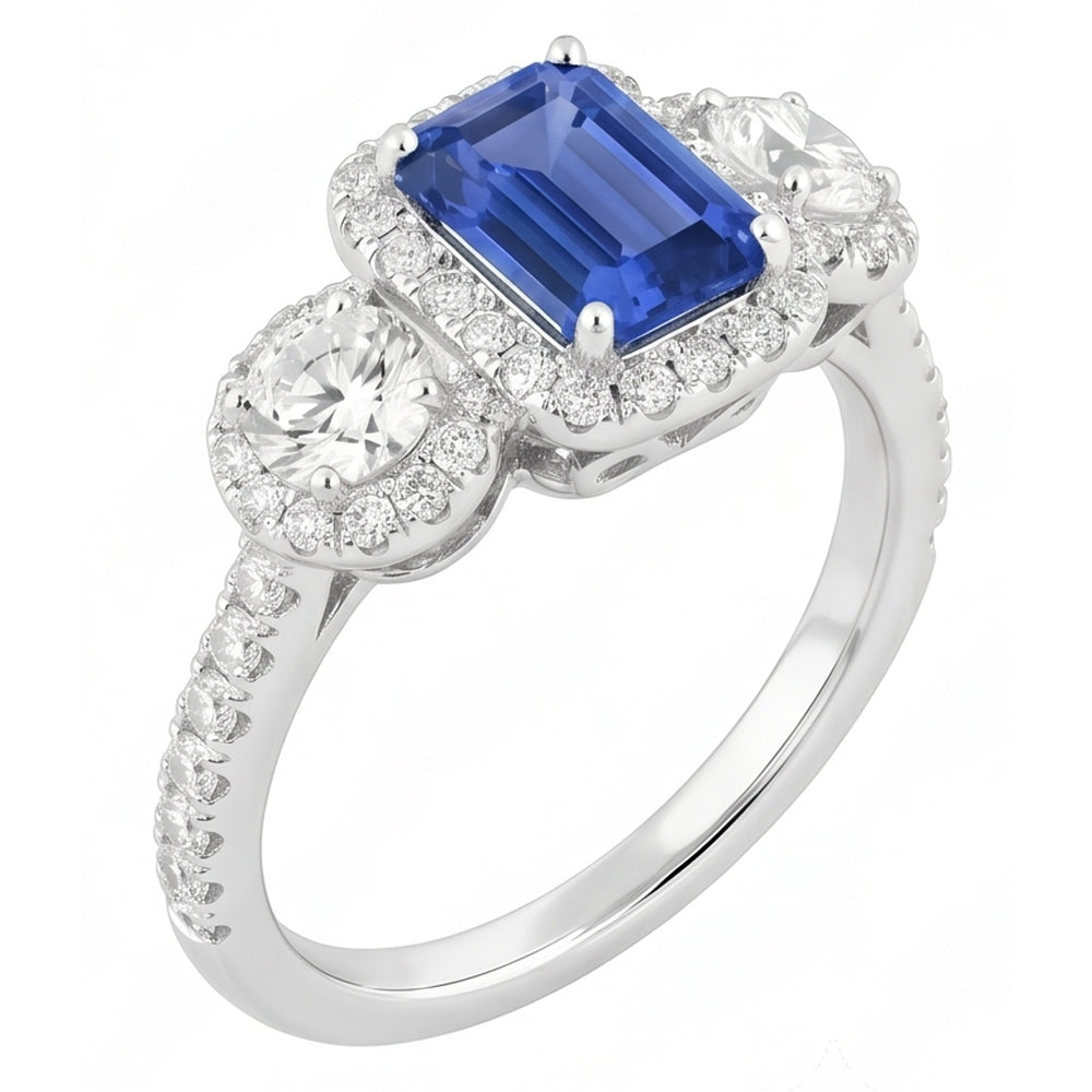 Halo Emerald Sapphire Ring 4.50 Carats Round Natural Earth Mined Diamond ( Not Lab Grown ) Gold Jewelry