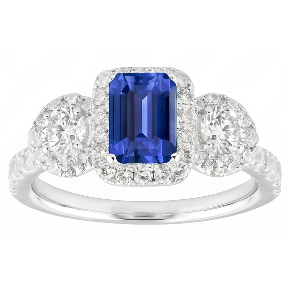 Halo Emerald Sapphire Ring 4.50 Carats Round Natural Earth Mined Diamond ( Not Lab Grown ) Gold Jewelry