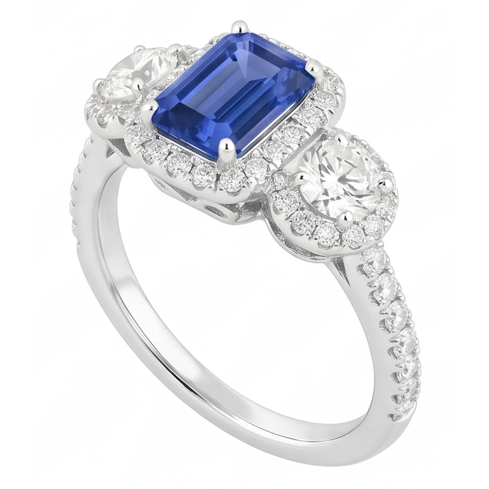 Halo Emerald Sapphire Ring 4.50 Carats Round Natural Earth Mined Diamond ( Not Lab Grown ) Gold Jewelry