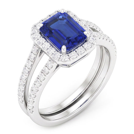 Halo Emerald Sapphire Wedding Ring Set 4.50 Carats White Gold Jewelry