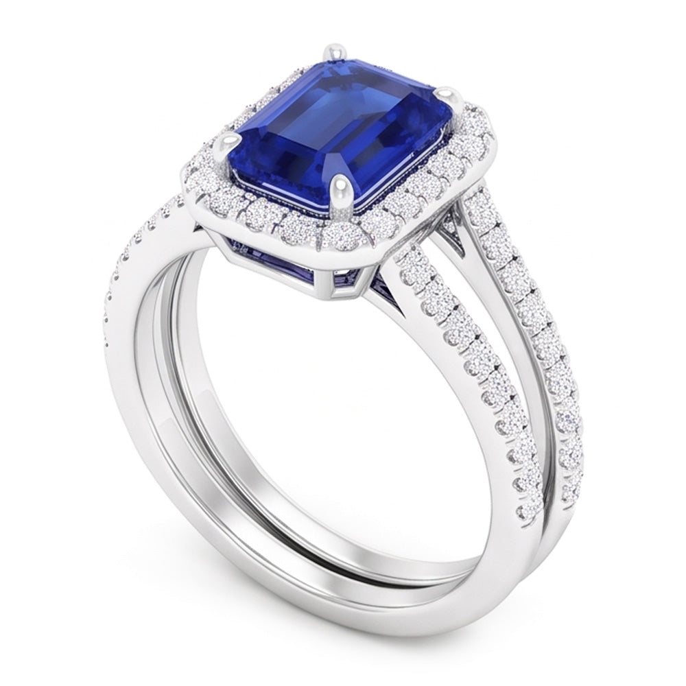 Halo Emerald Sapphire Wedding Ring Set 4.50 Carats White Gold Jewelry