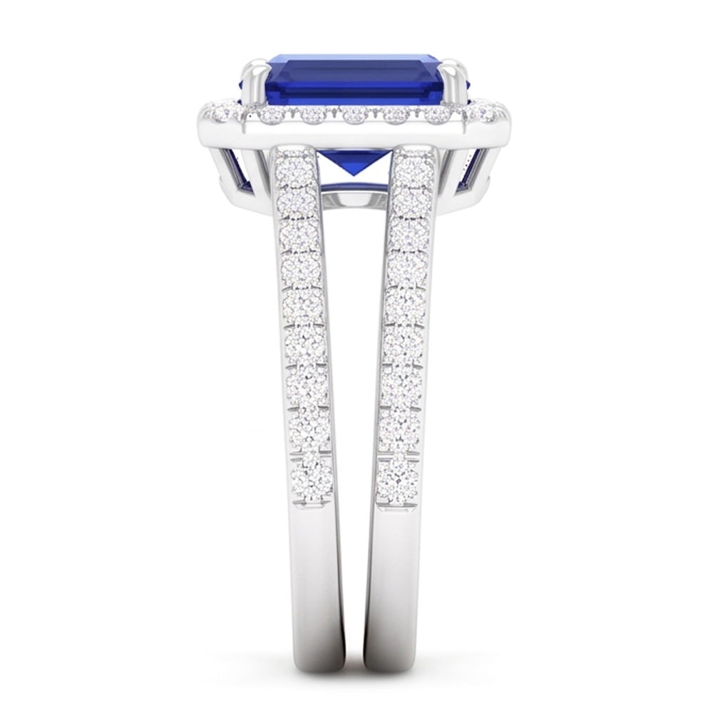 Halo Emerald Sapphire Wedding Ring Set 4.50 Carats White Gold Jewelry