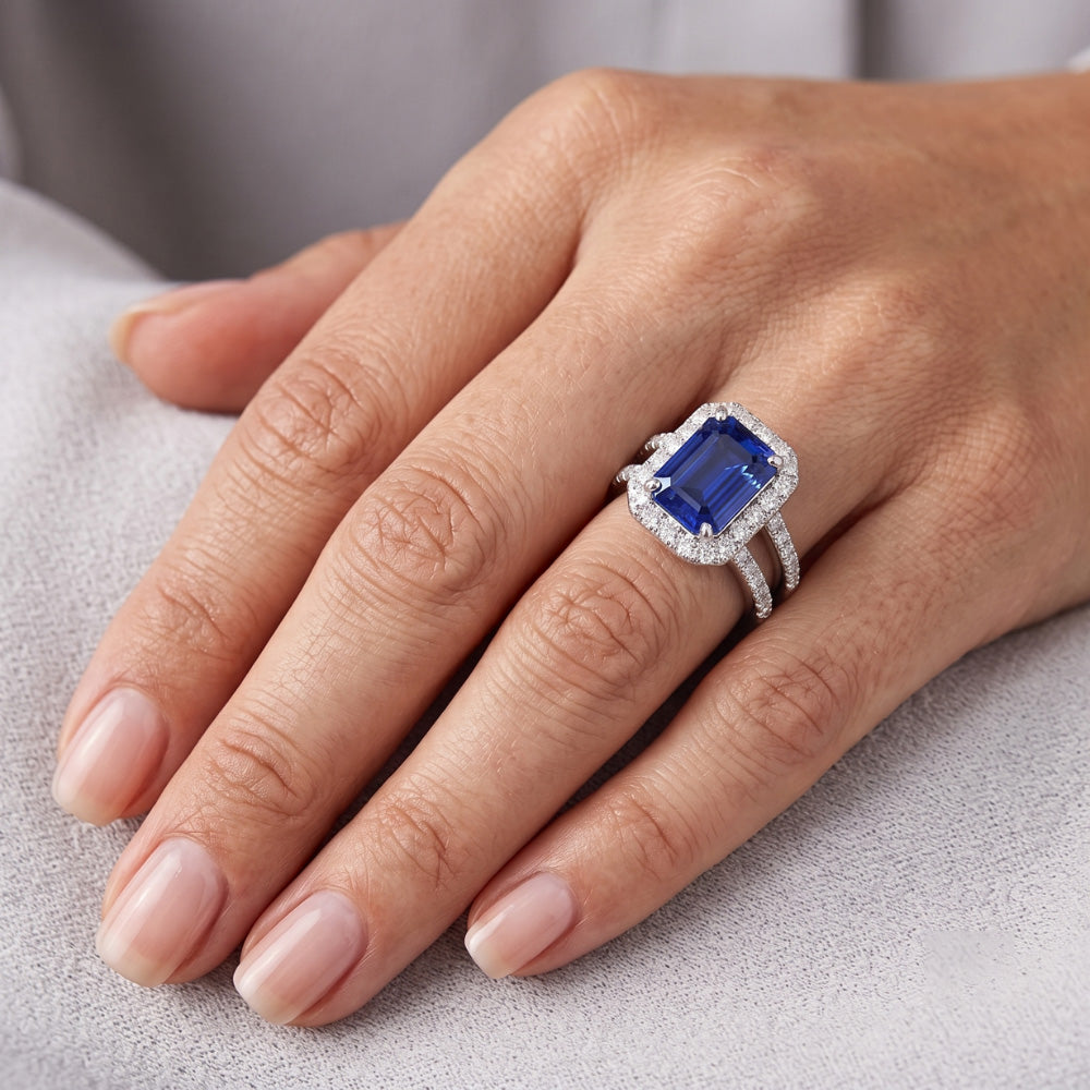 Halo Emerald Sapphire Wedding Ring Set 4.50 Carats White Gold Jewelry