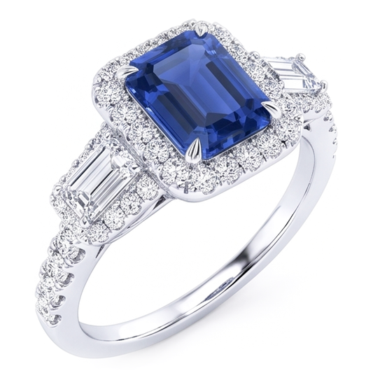 Halo Emerald Wedding Ring Blue Sapphire Baguette Natural Earth Mined Diamond ( Not Lab Grown )s 3.50 Carats