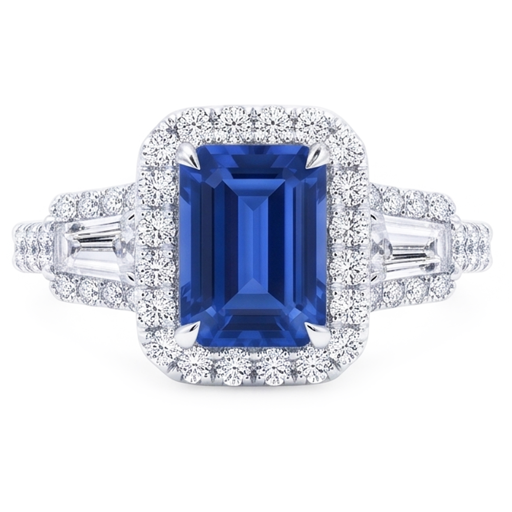 Halo Emerald Wedding Ring Blue Sapphire Baguette Natural Earth Mined Diamond ( Not Lab Grown )s 3.50 Carats