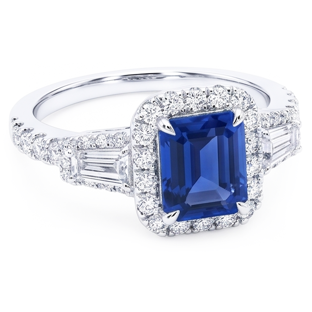 Halo Emerald Wedding Ring Blue Sapphire Baguette Natural Earth Mined Diamond ( Not Lab Grown )s 3.50 Carats