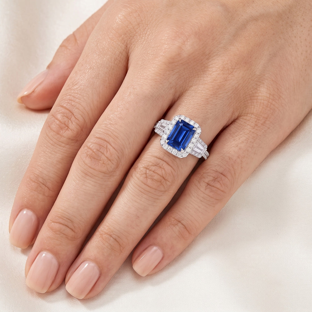 Halo Emerald Wedding Ring Blue Sapphire Baguette Natural Earth Mined Diamond ( Not Lab Grown )s 3.50 Carats
