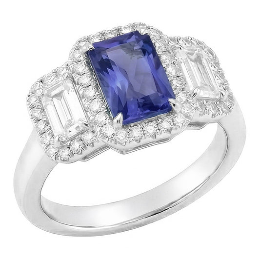 Halo Engagement Blue Sapphire Ring 4.50 Carats Emerald & Round Natural Earth Mined Diamond ( Not Lab Grown )