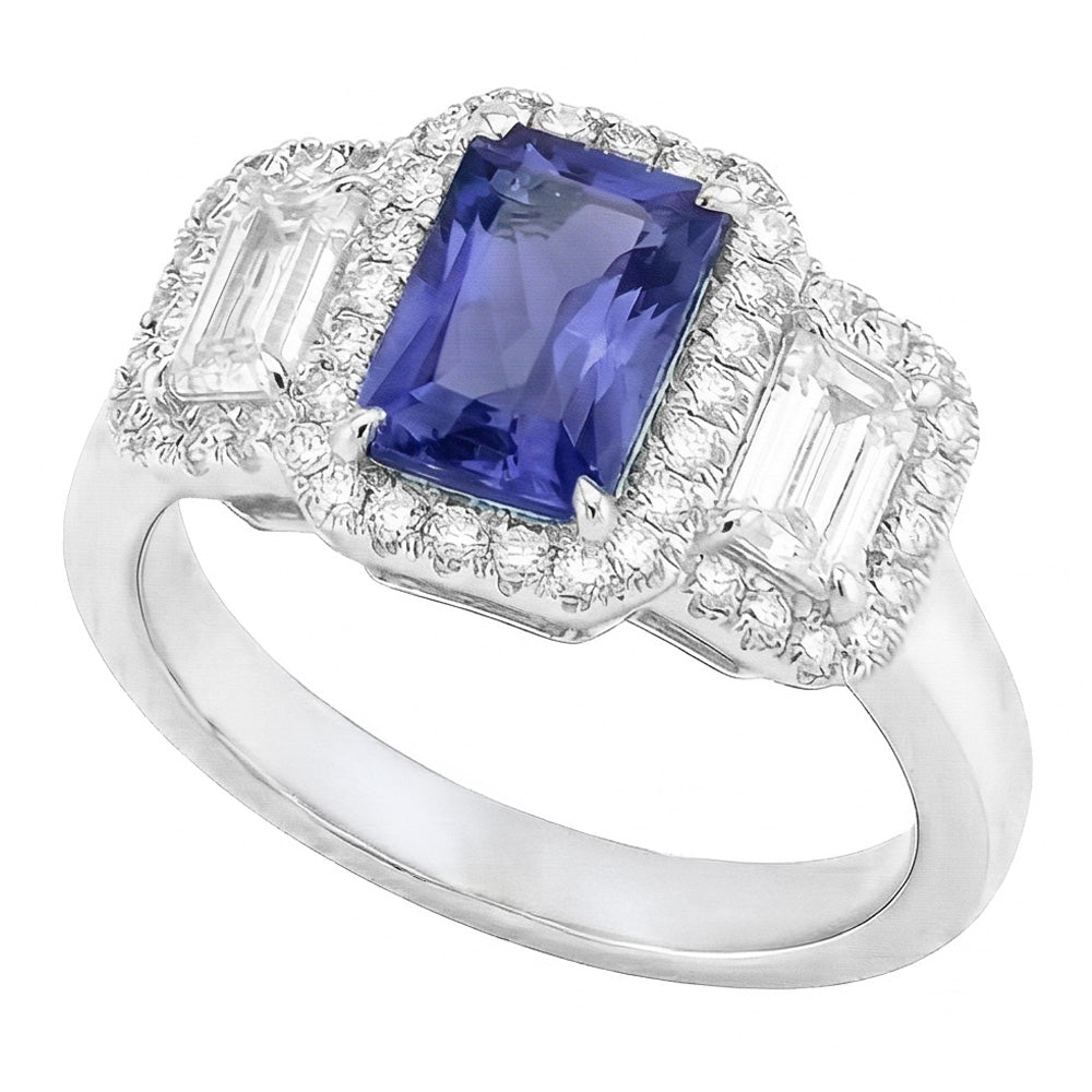 Halo Engagement Blue Sapphire Ring 4.50 Carats Emerald & Round Natural Earth Mined Diamond ( Not Lab Grown )