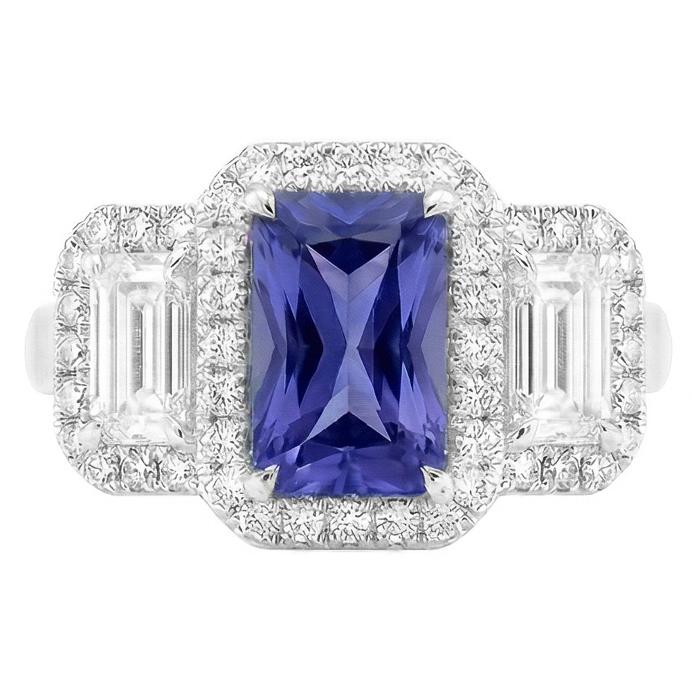 Halo Engagement Blue Sapphire Ring 4.50 Carats Emerald & Round Natural Earth Mined Diamond ( Not Lab Grown )