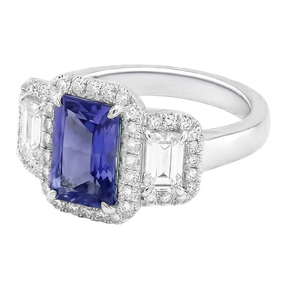 Halo Engagement Blue Sapphire Ring 4.50 Carats Emerald & Round Natural Earth Mined Diamond ( Not Lab Grown )