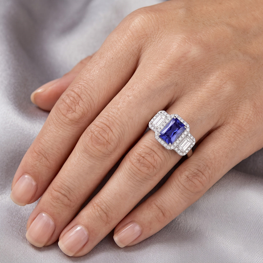 Halo Engagement Blue Sapphire Ring 4.50 Carats Emerald & Round Natural Earth Mined Diamond ( Not Lab Grown )