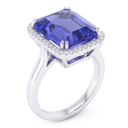 Halo Engagement Ring Emerald Blue Sapphire 4 Carats White Gold