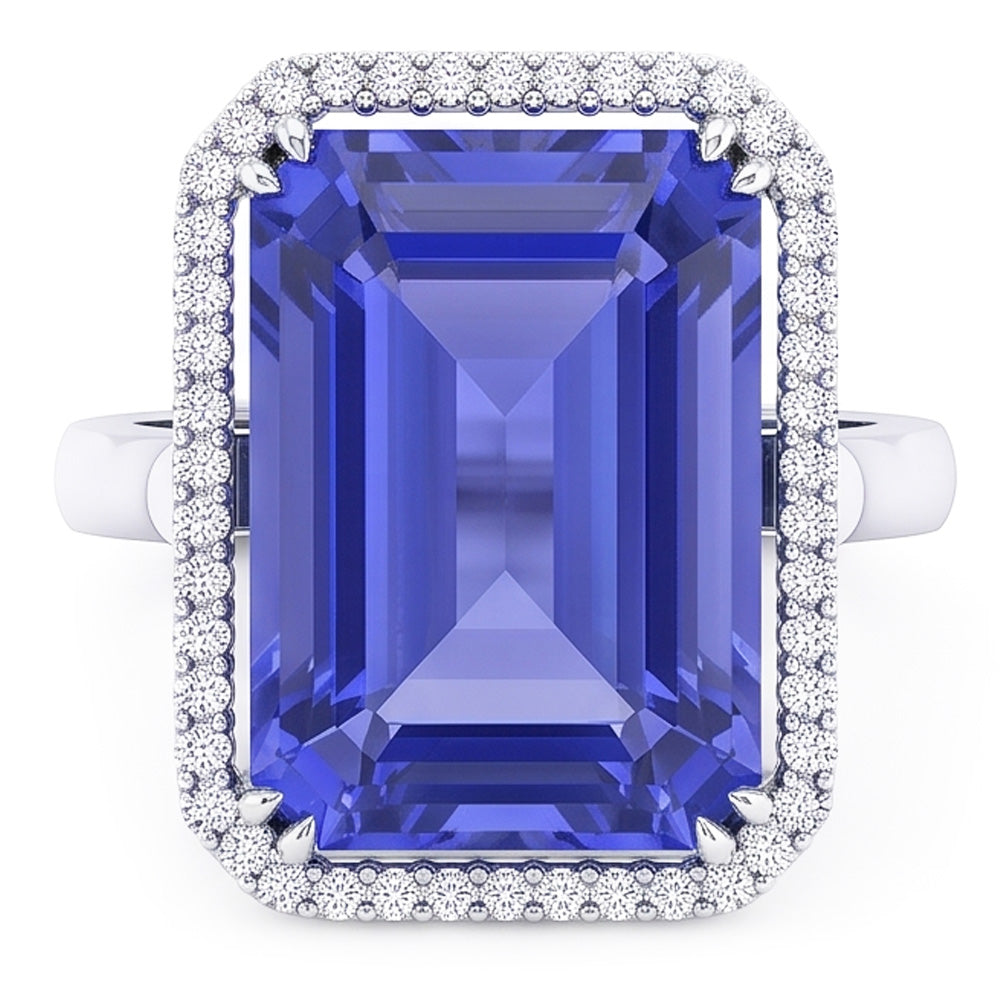 Halo Engagement Ring Emerald Blue Sapphire 4 Carats White Gold