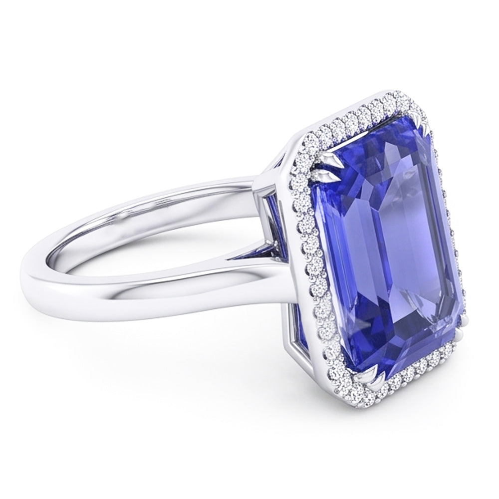Halo Engagement Ring Emerald Blue Sapphire 4 Carats White Gold