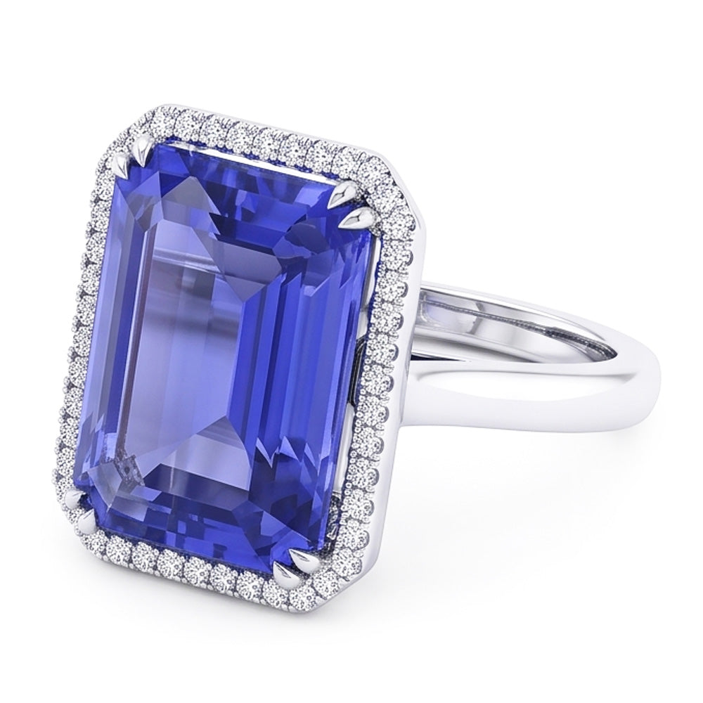 Halo Engagement Ring Emerald Blue Sapphire 4 Carats White Gold