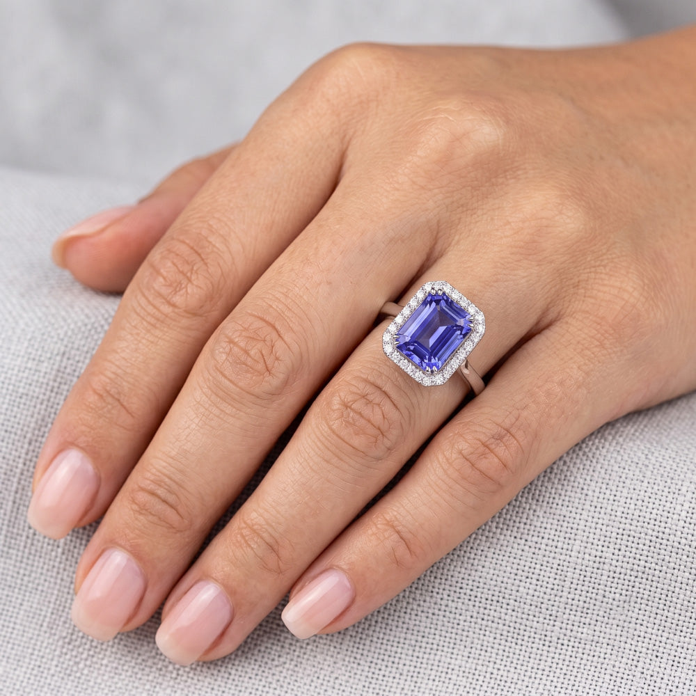 Halo Engagement Ring Emerald Blue Sapphire 4 Carats White Gold