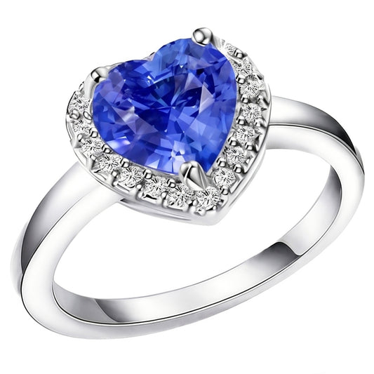 Halo Engagement Ring Heart Sri Lankan Sapphire 4 Carats Gold Natural Earth Mined Diamond ( Not Lab Grown )s