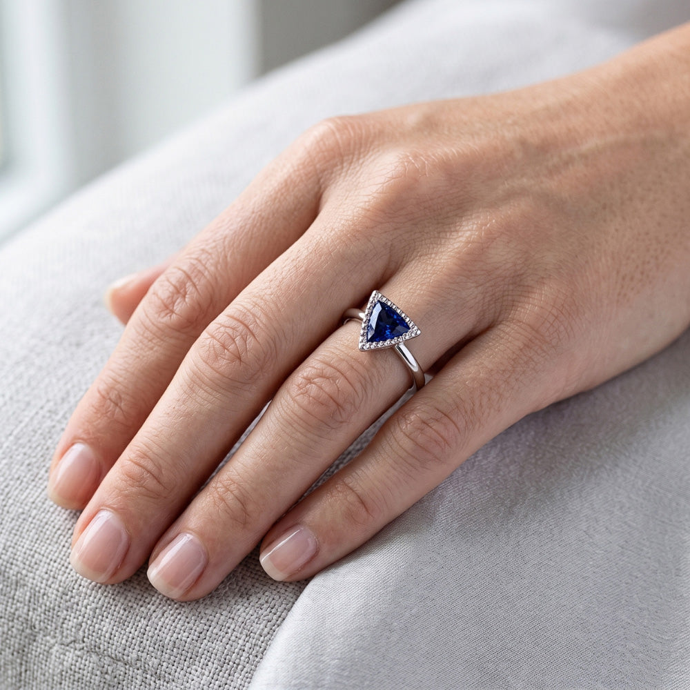 Halo Engagement Ring Trillion Bezel Set Ceylon Sapphire 0.50 Carats