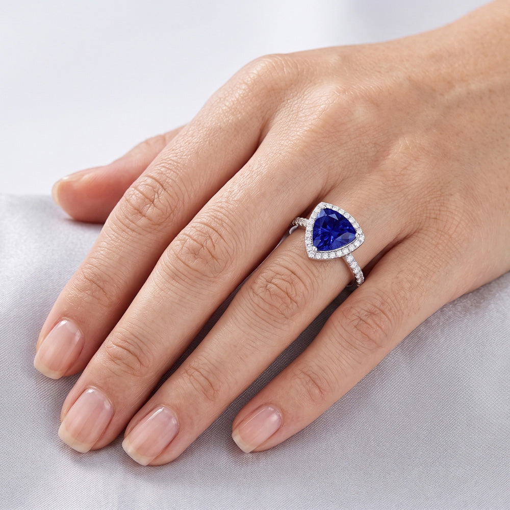 Halo Engagement Ring Trillion Ceylon Sapphire & Natural Earth Mined Diamond ( Not Lab Grown )s 3 Carats