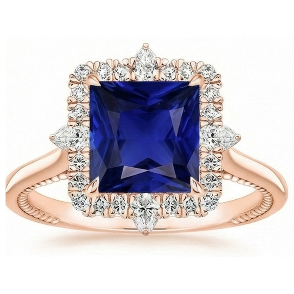 Halo Engagement Ring Vintage Style Blue Sapphire 6.25 Carats Rose Gold