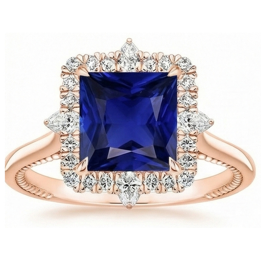 Halo Engagement Ring Vintage Style Blue Sapphire 6.25 Carats Rose Gold