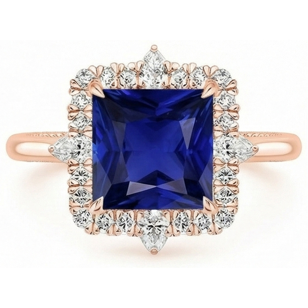 Halo Engagement Ring Vintage Style Blue Sapphire 6.25 Carats Rose Gold